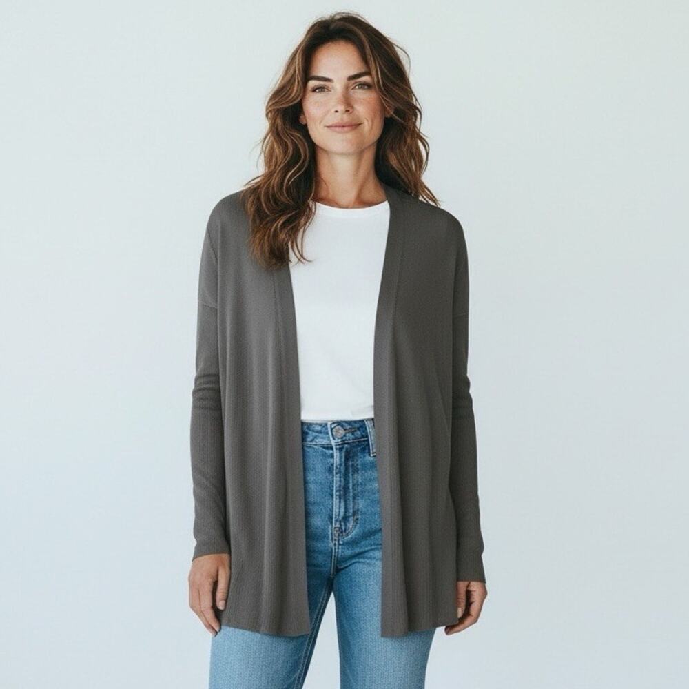 ESCADA Cardigan Sweater Womens Size 42 Gray Wool Knit Open Front Quiet Luxury